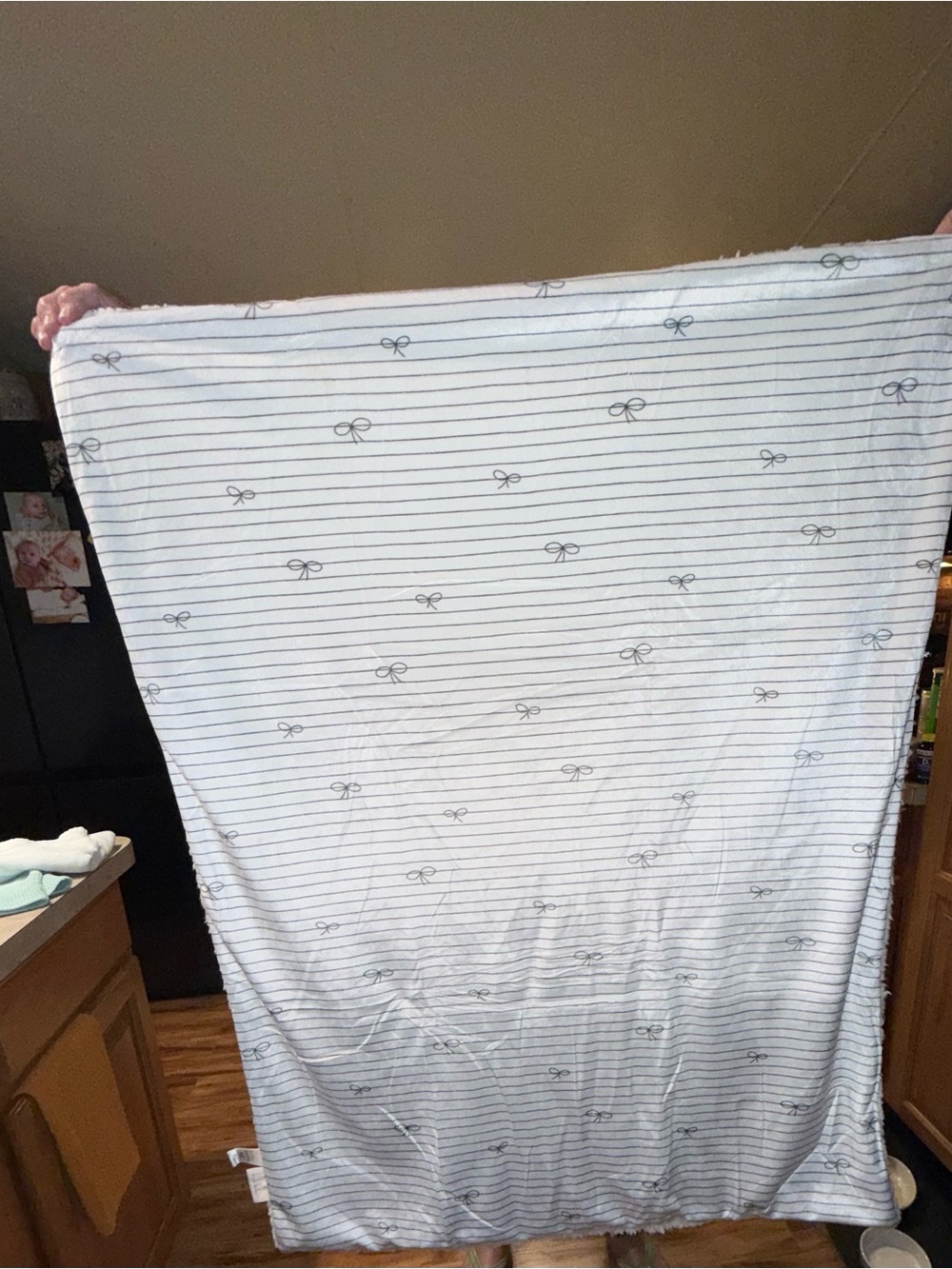 Nicole Miller White and Gray Striped Baby Blanket with Bow Motif